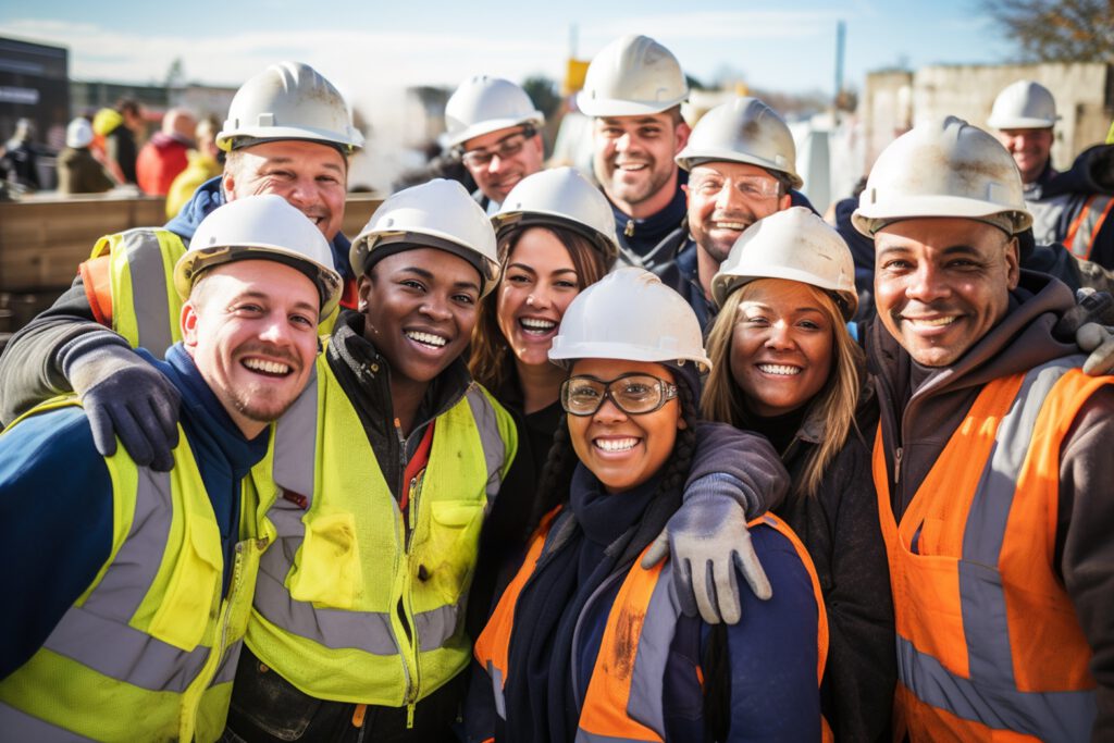 Construction workers and engineers collaborating on site, representing workforce safety and team performance in Canada