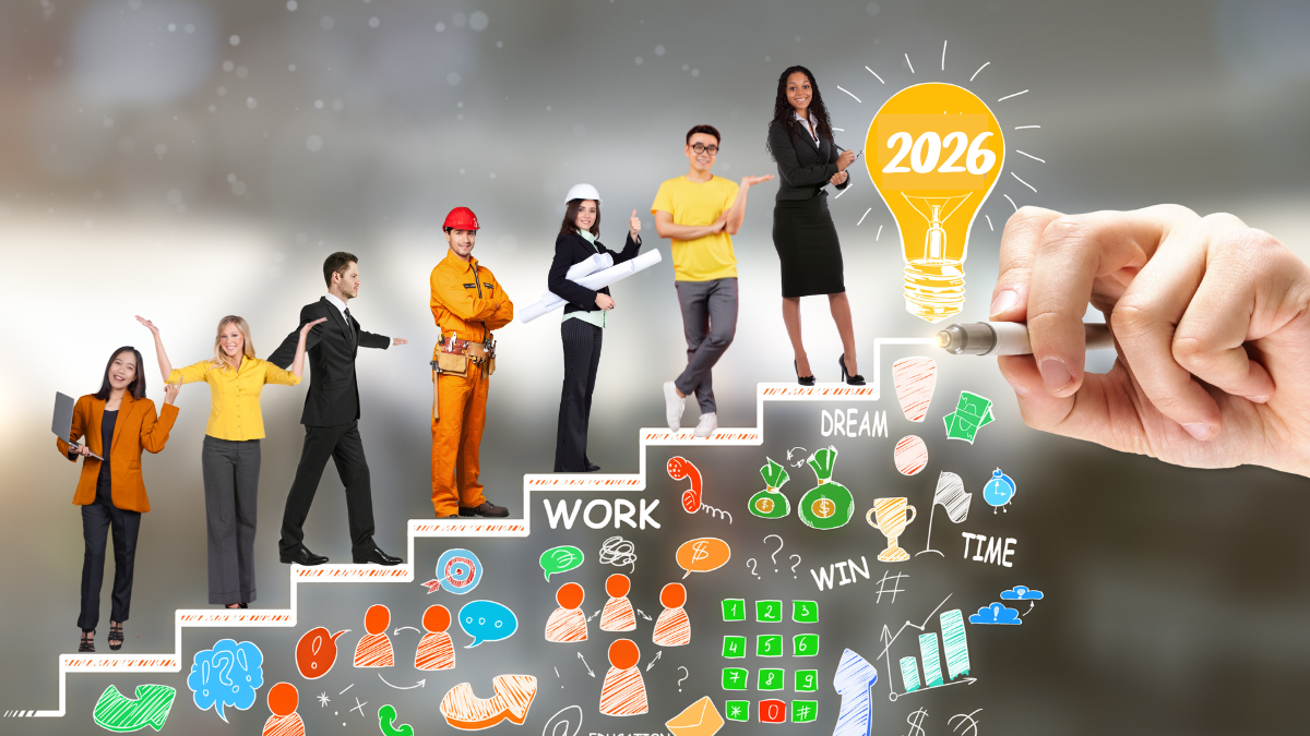 Canadian professionals from multiple industries standing on illustrated career steps leading to 2026, symbolizing adaptability, AI literacy, and career growth.