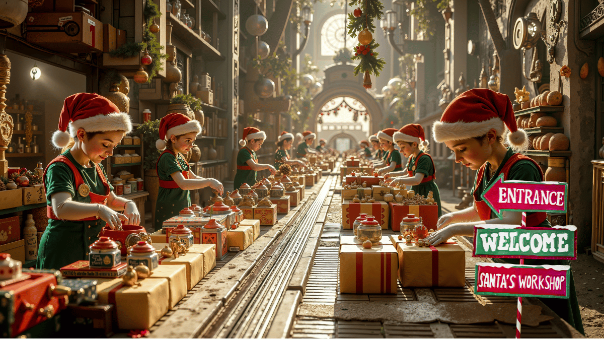 Elves working on a busy North Pole production line during peak holiday staffing season.
