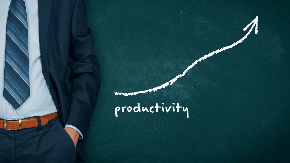 Illustration of productivity growth represented by an upward arrow on a chalkboard, symbolizing sustainable performance at work
