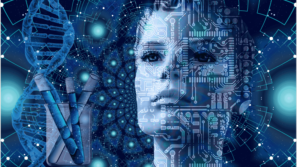 AI-driven digital face with DNA strands and data overlays representing Life Sciences hiring, biotechnology, and AI transformation in Canada