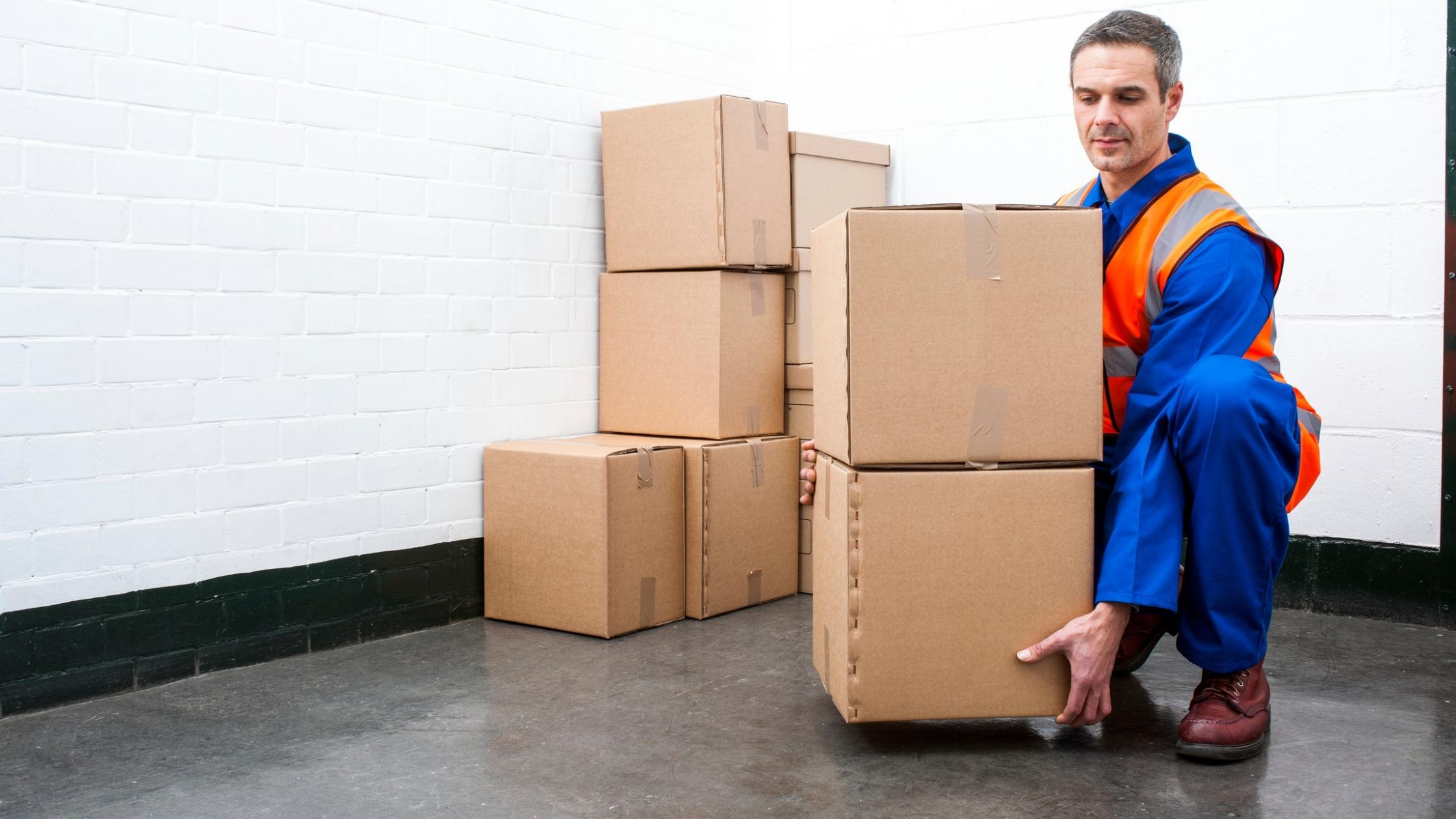 Worker using proper lifting technique to safely lift a cardboard box in a warehouse setting.
